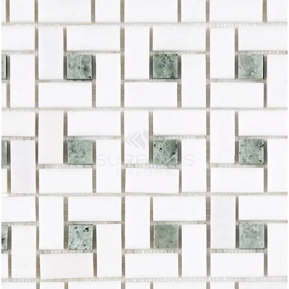 White and green mosaic tile pattern for Thassos Supreme Pinwheel Mosaic Marble