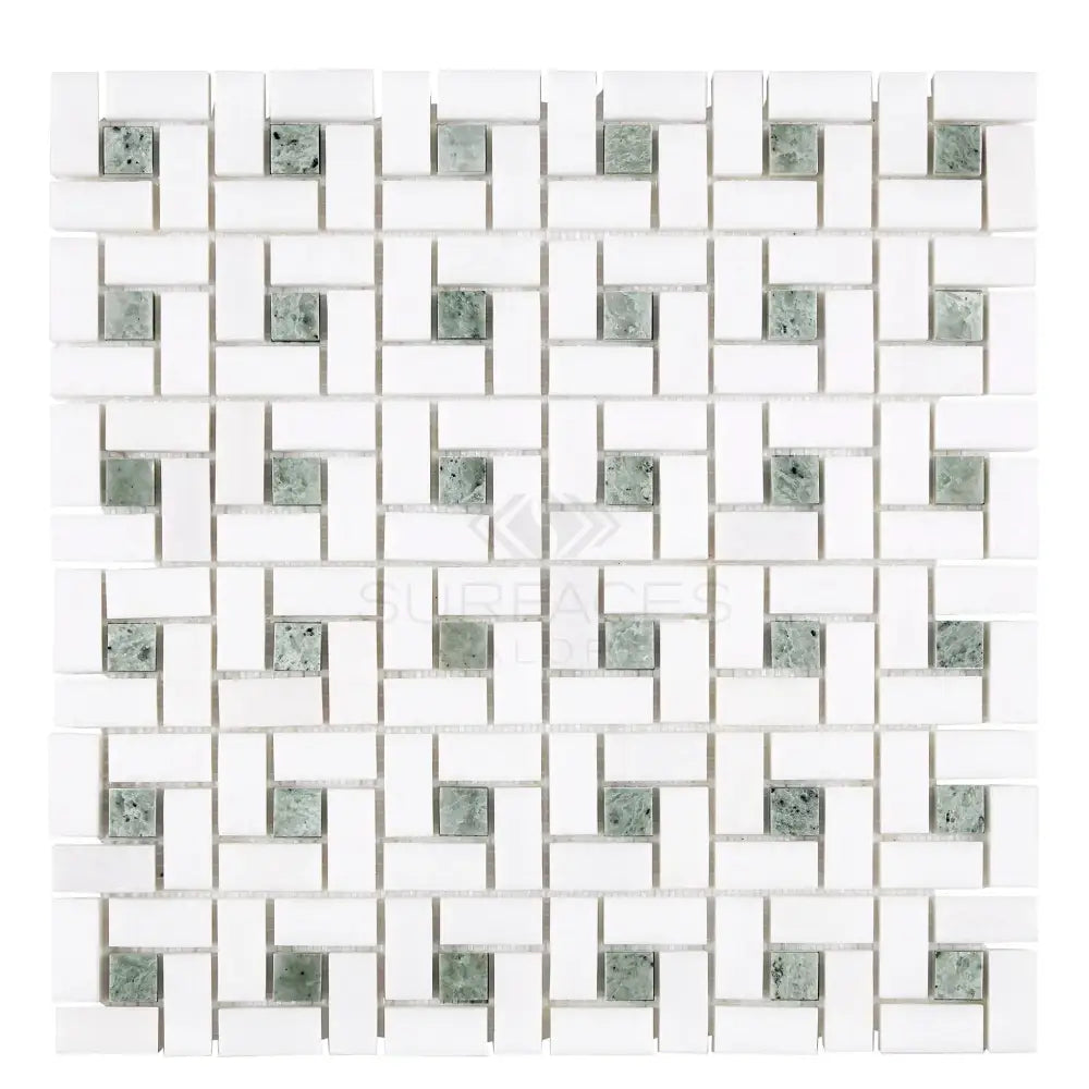 White and green mosaic tile pattern from Thassos Supreme Pinwheel Mosaic with Ming-Green