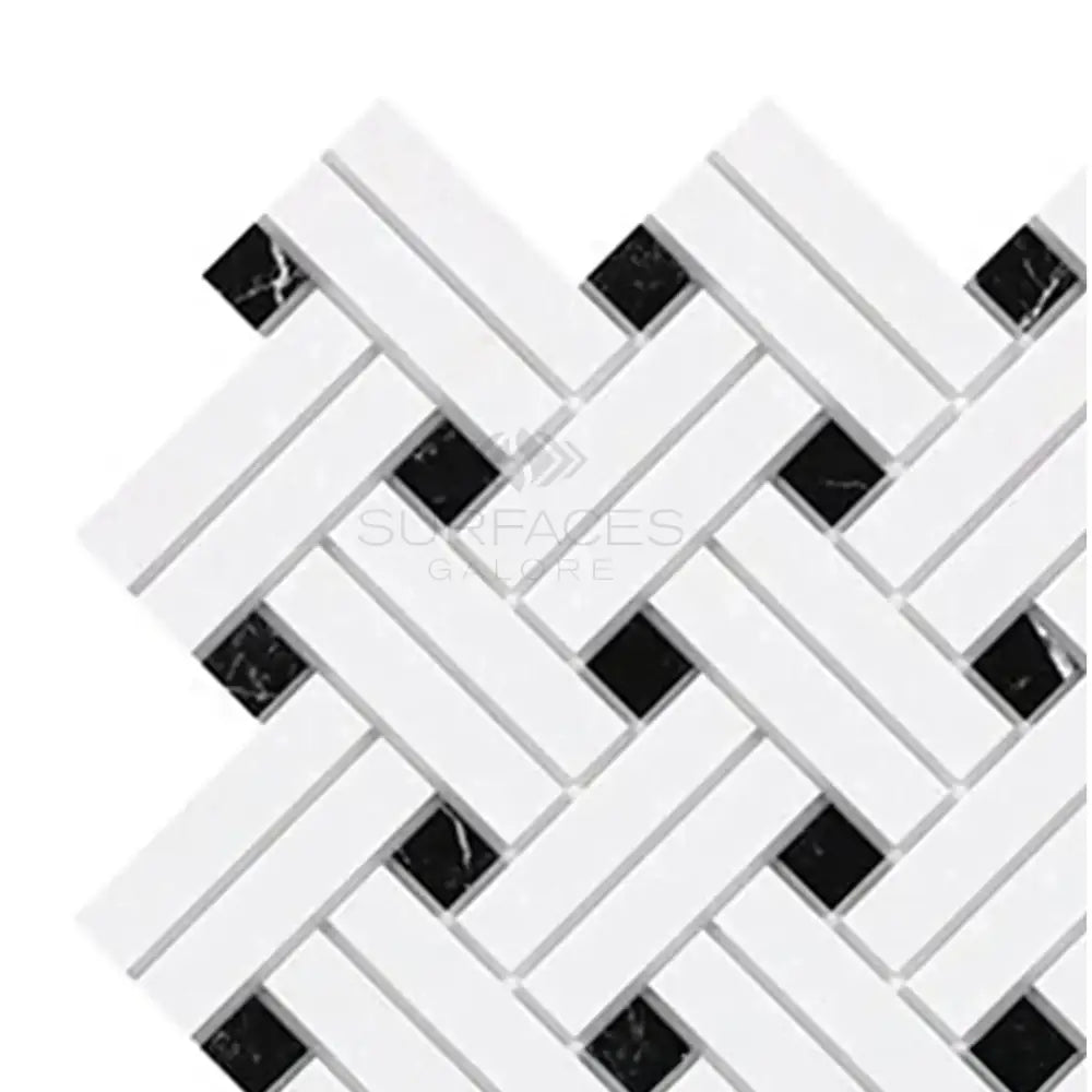 Herringbone patterned Thassos Supreme Stanza Mosaic Marble tile with Black accents