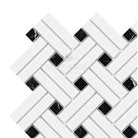 Herringbone patterned Thassos Supreme Stanza Mosaic Marble tile with Black accents