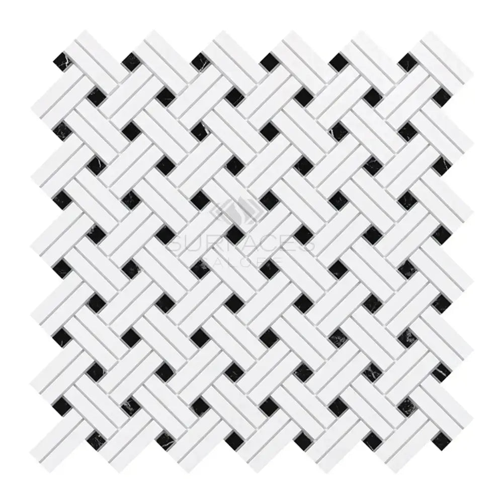 Woven white and black mosaic tile from Thassos Supreme Stanza Marble collection