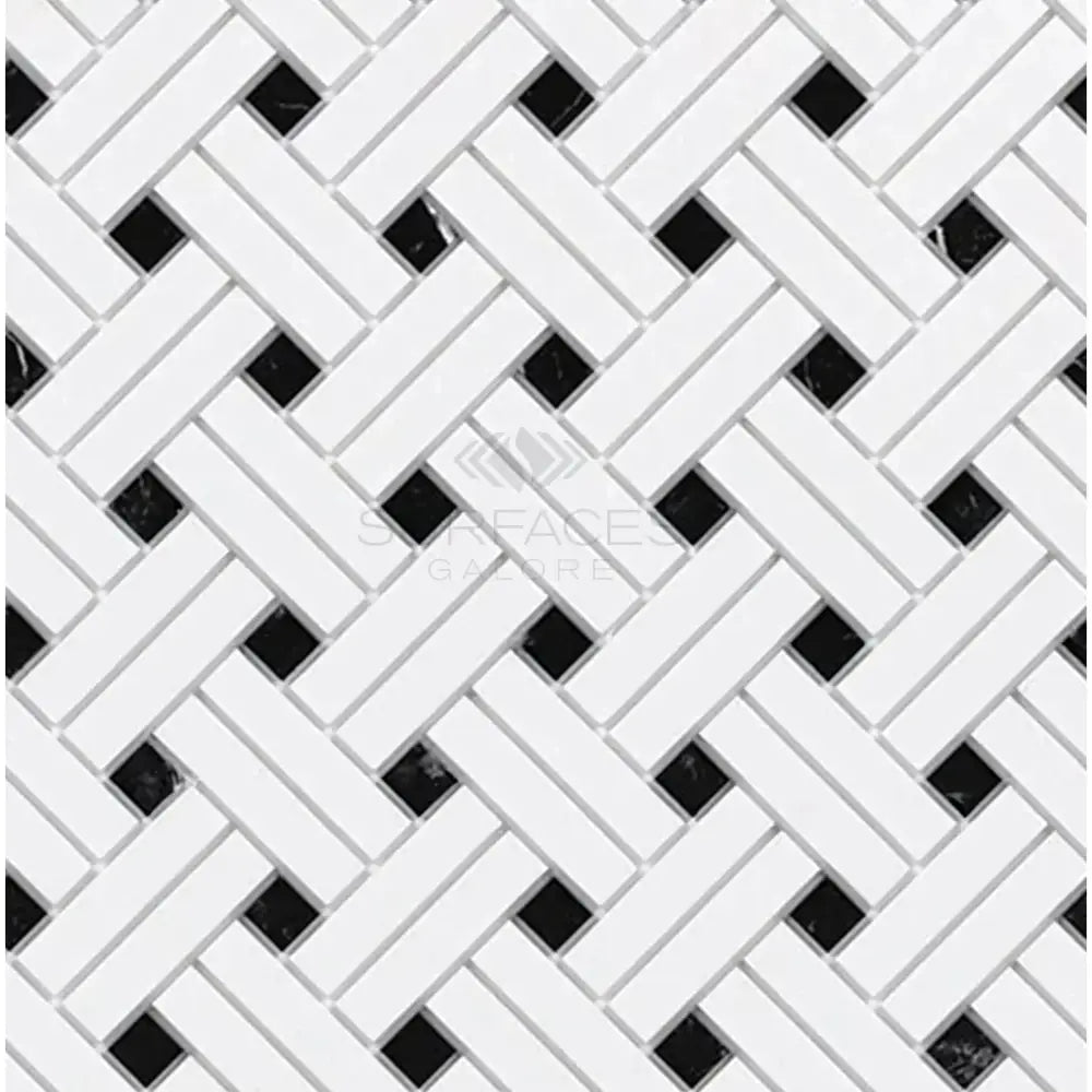 White and black mosaic tile pattern from Thassos Supreme Stanza Marble collection