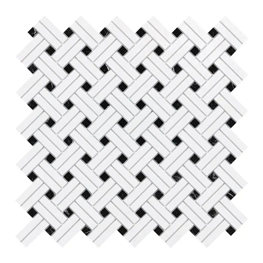 Woven white and black mosaic tile from Thassos Supreme Stanza marble collection