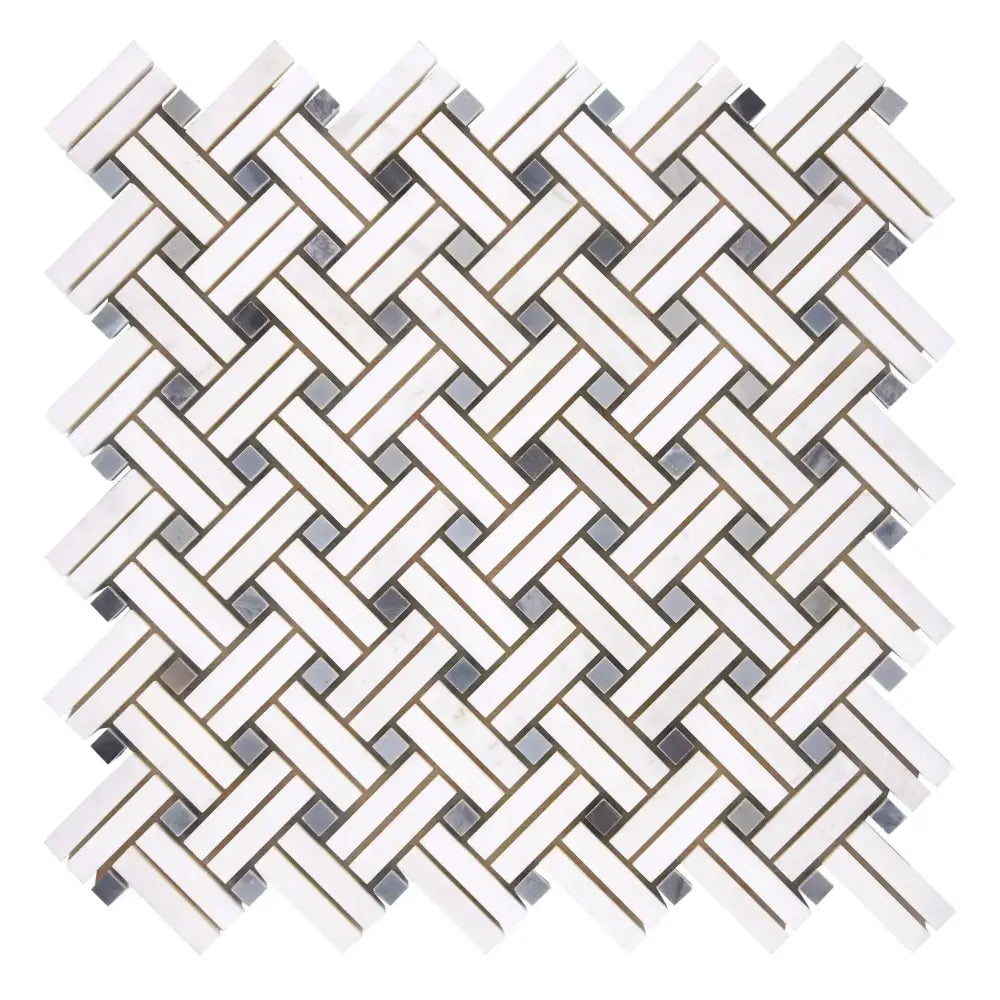 Woven pattern of white and gray tiles from Thassos Supreme Stanza Mosaic Marble