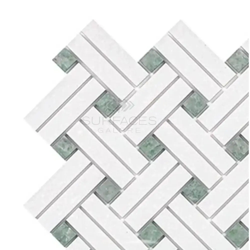 White and green herringbone tile pattern in Thassos Supreme Stanza Mosaic Marble