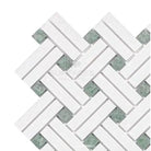 White and green herringbone tile pattern in Thassos Supreme Stanza Mosaic Marble