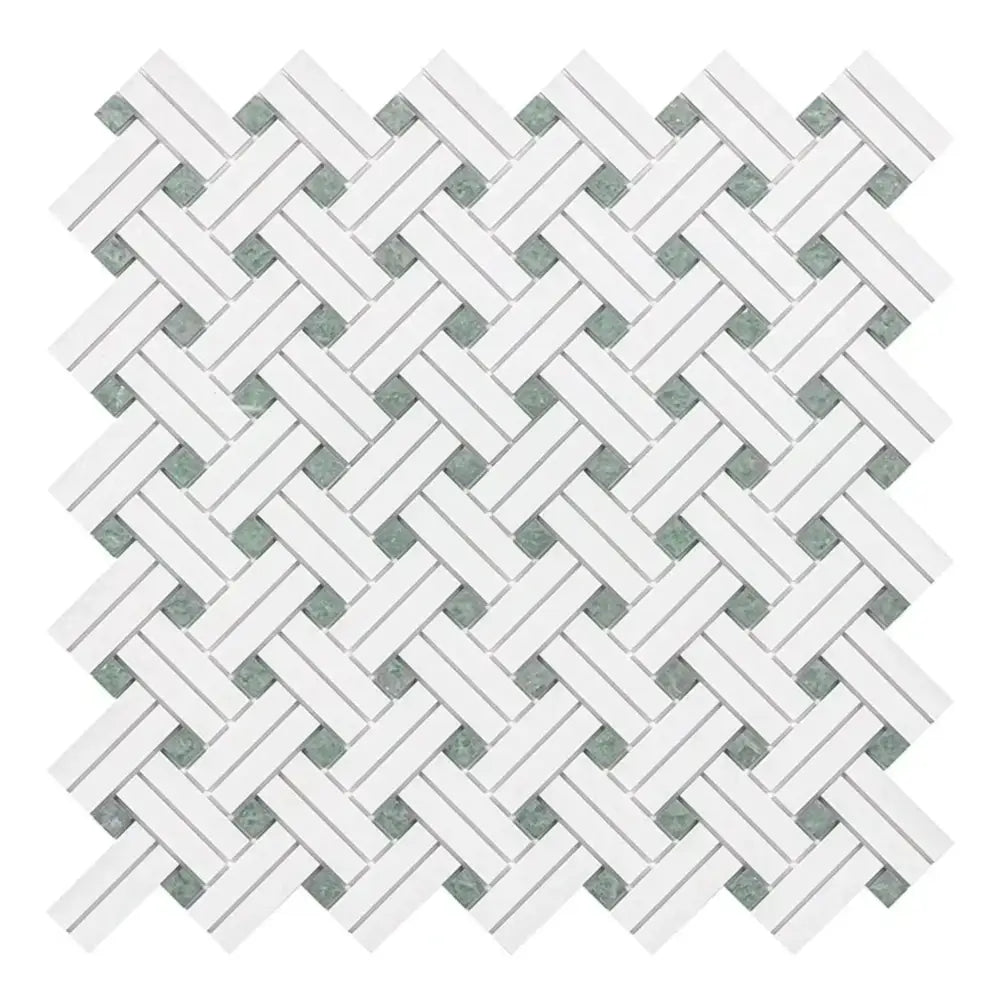 Woven white and gray mosaic tile from Thassos Supreme Stanza with Ming-Green accents