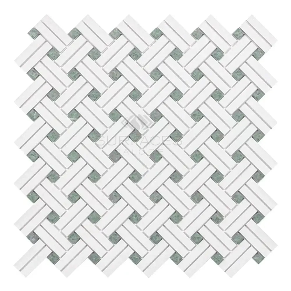 Woven white and gray mosaic tile from Thassos Supreme Stanza with Ming-Green accents
