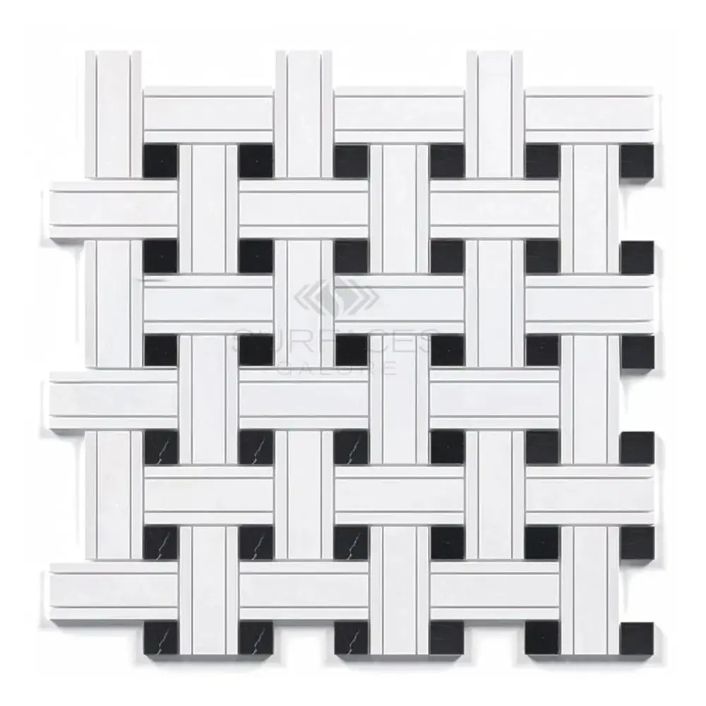 Woven white and black tile pattern in Thassos Supreme Triple-Weave mosaic marble