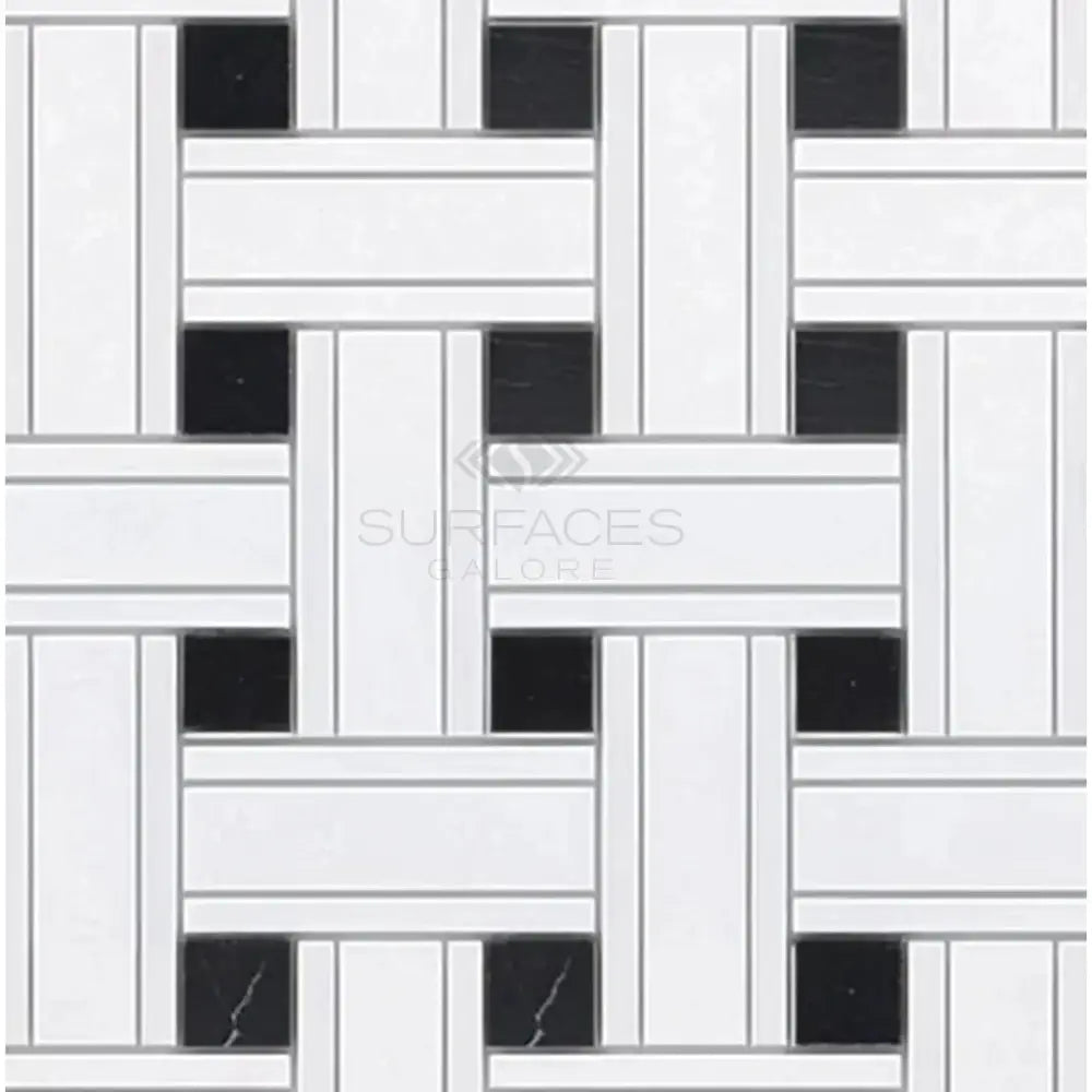 Woven-patterned tile mosaic from Thassos Supreme Triple-Weave with Black marble, polished or honed