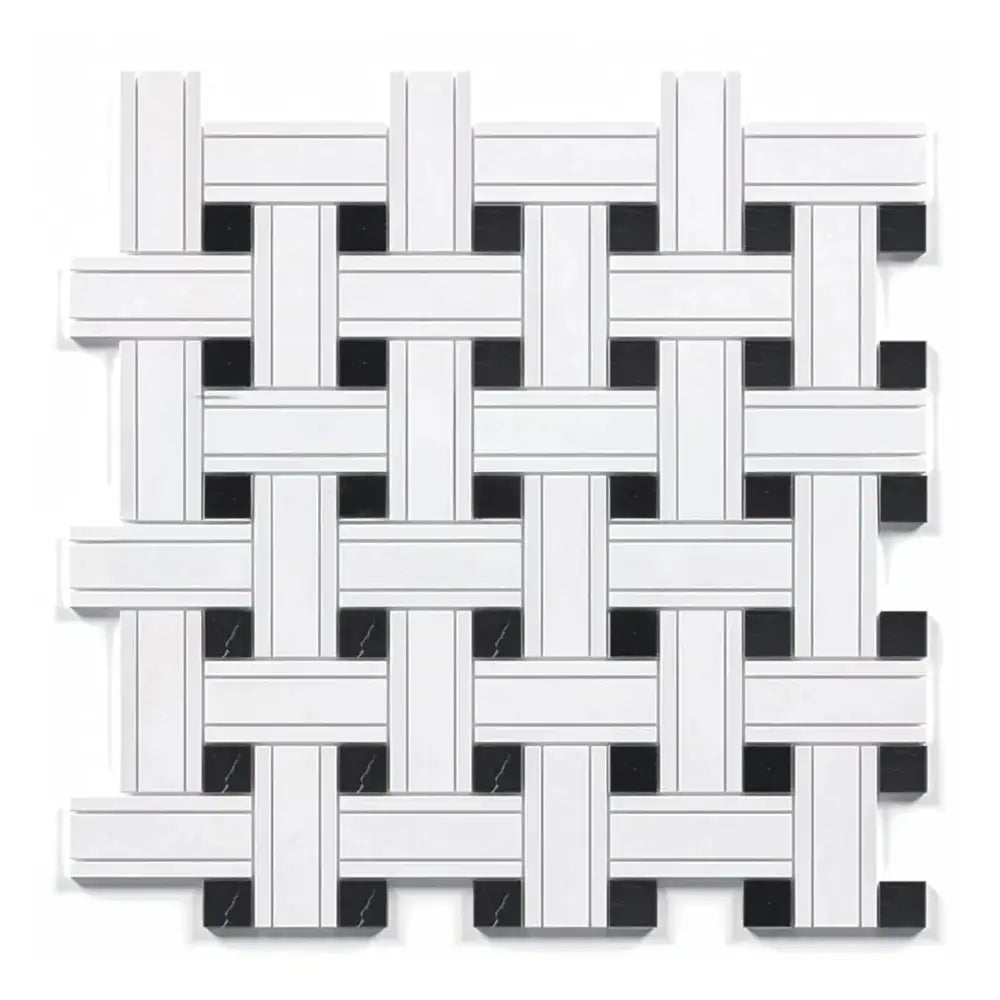 Woven white and black tile pattern in Thassos Supreme Triple-Weave marble mosaic
