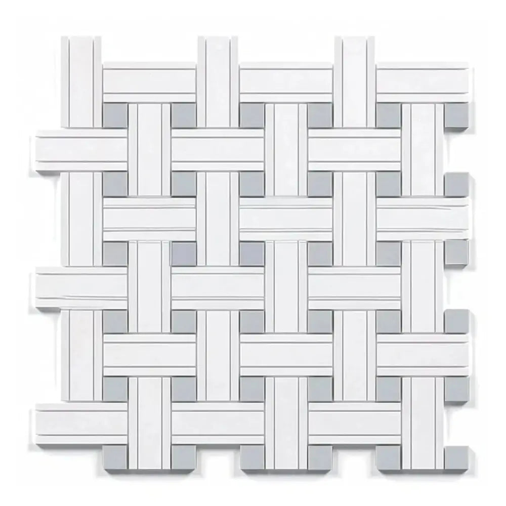 Woven white and gray tile pattern from Thassos Supreme Triple-Weave Blue-Gray Mosaic