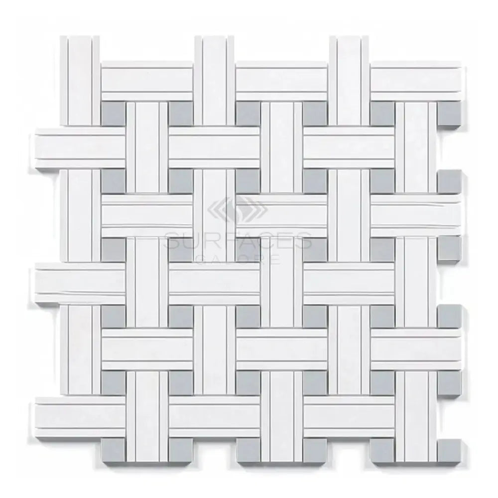 Woven white and gray mosaic tile from Thassos Supreme Triple-Weave Marble collection