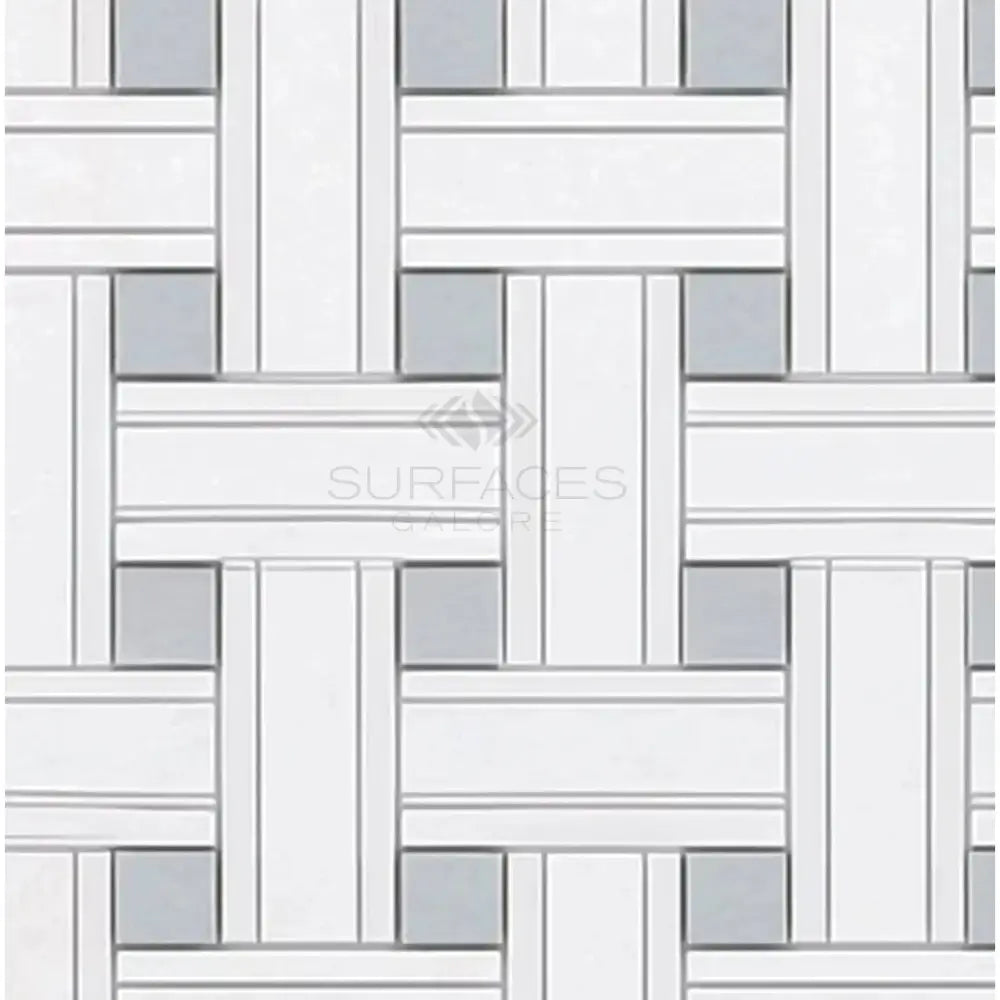 Woven-patterned tile design from Thassos Supreme Triple-Weave Blue-Gray Marble Mosaic