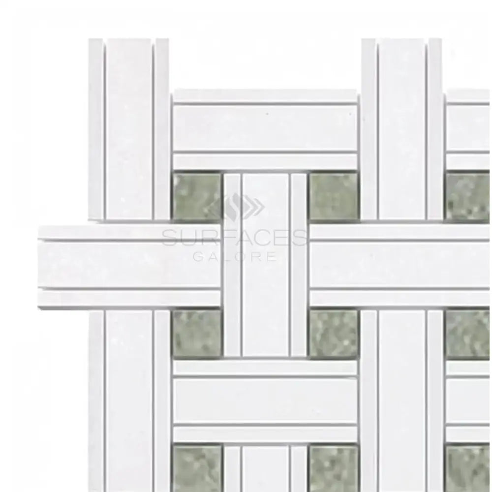Woven white and green tile pattern in Thassos Supreme Triple-Weave Mosaic Marble