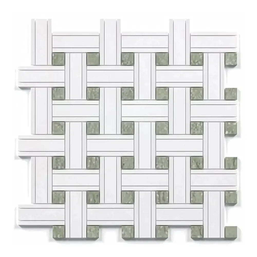 Thassos Supreme Triple-Weave (w/ Ming-Green) Mosaic Marble-American Stone