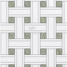 Woven white and gray tile pattern with green accents from Thassos Supreme Triple-Weave Mosaic